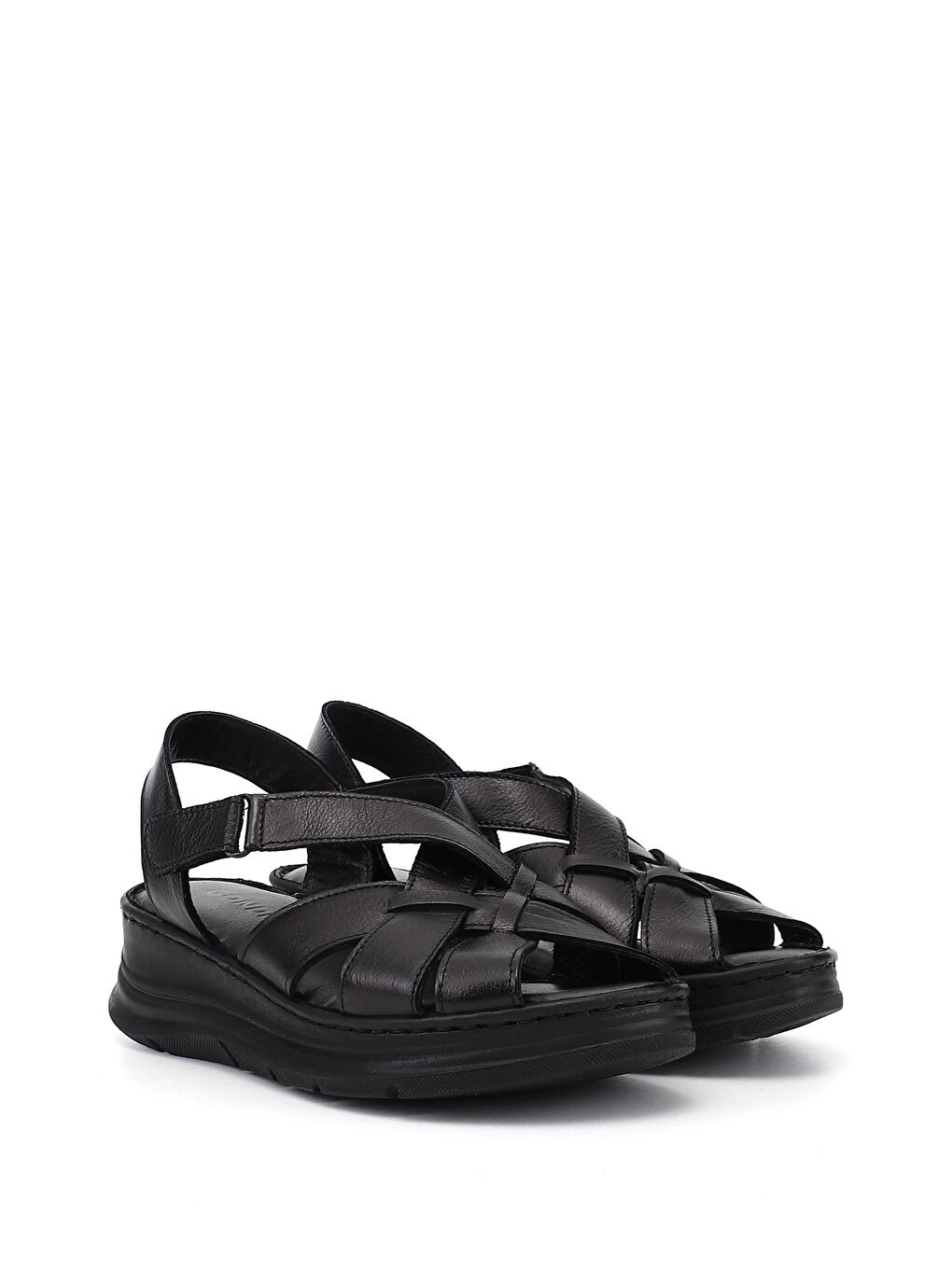 Siyah Kadın SİYAH Cırt Bantlı Dolgu Topuk Hakiki Deri Sandalet-3