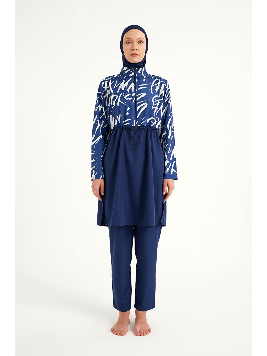 Lacivert Tam Kapalı Tesettür Mayo Plaj Çantalı 4 Parça Set R2502-4