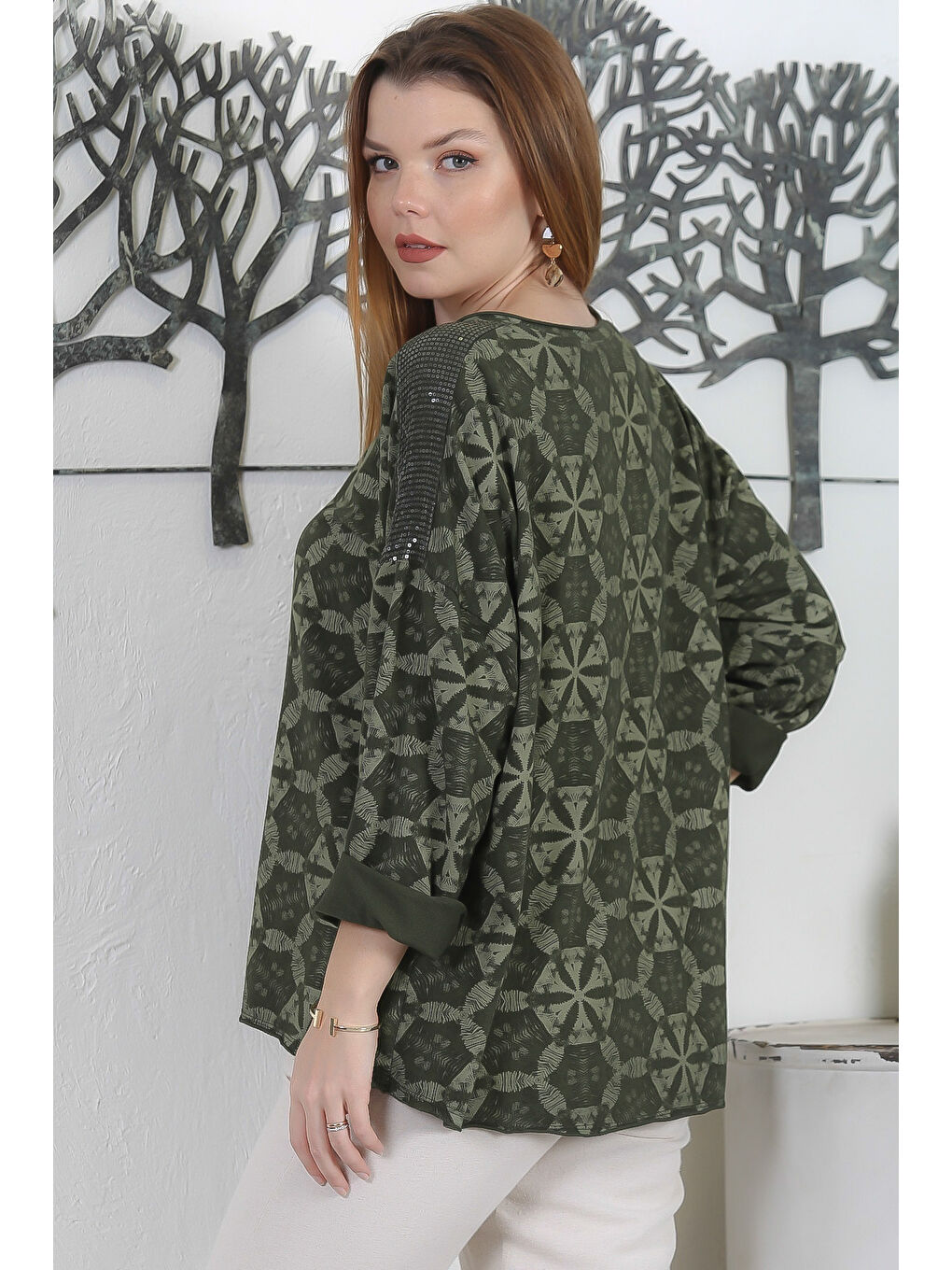 İtalyan Koyu Yeşil Yuvarlak Yaka Uzun Kol Pul Payetli Baskılı 2 İplik Şardonsuz Casual Örme Bluz-6