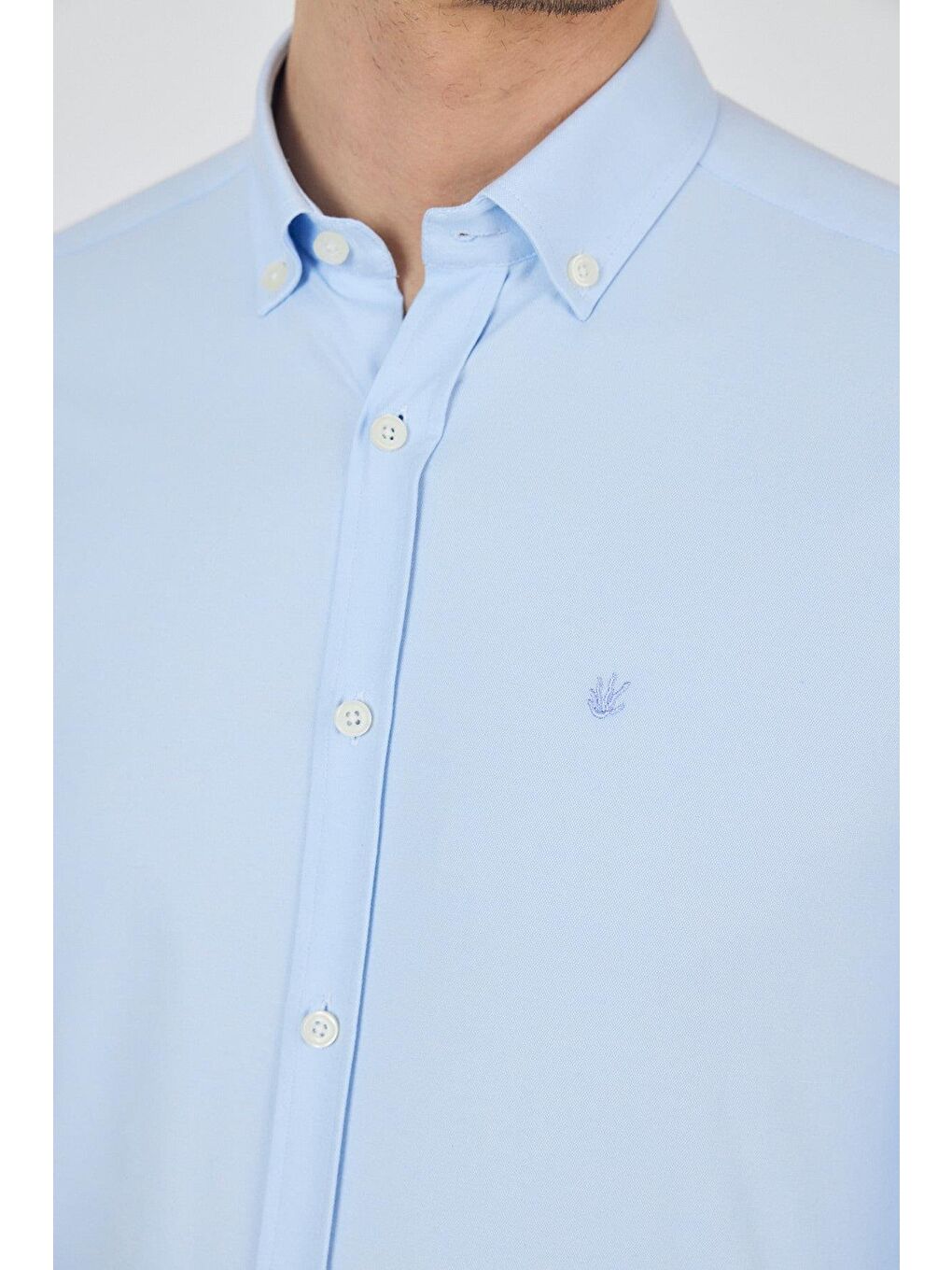 Mavi Uzun Kol Düz Bez Ayağı Düğmeli Yaka Cepsiz Pamuklu Casual Slim Fit Gömlek 1004250212-4