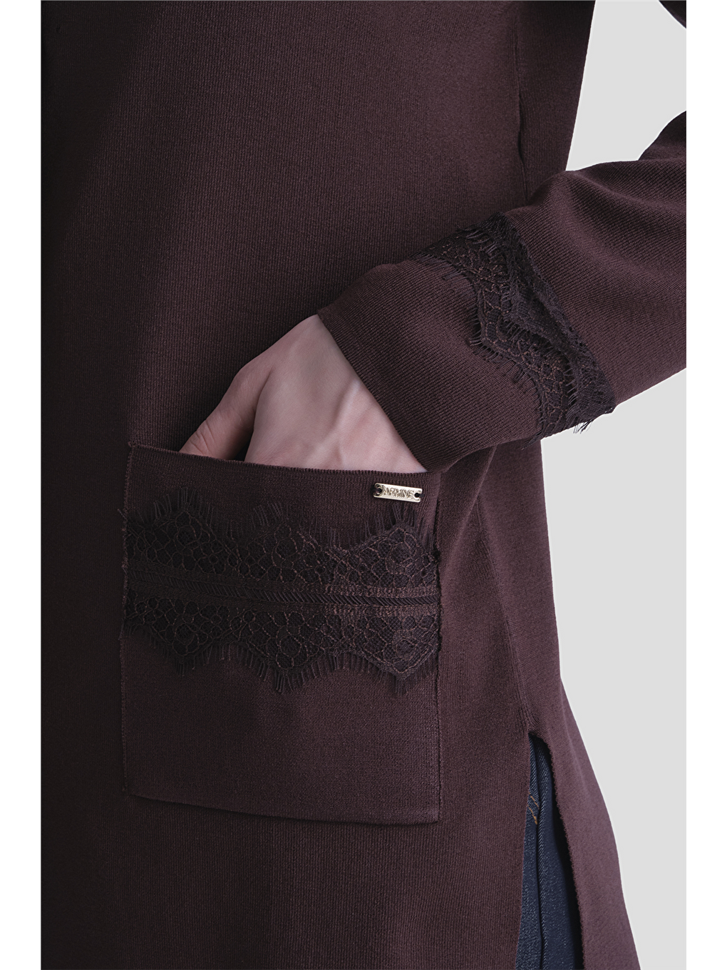 Kahverengi Dantelli Rayon Hırka Acı Kahve-3