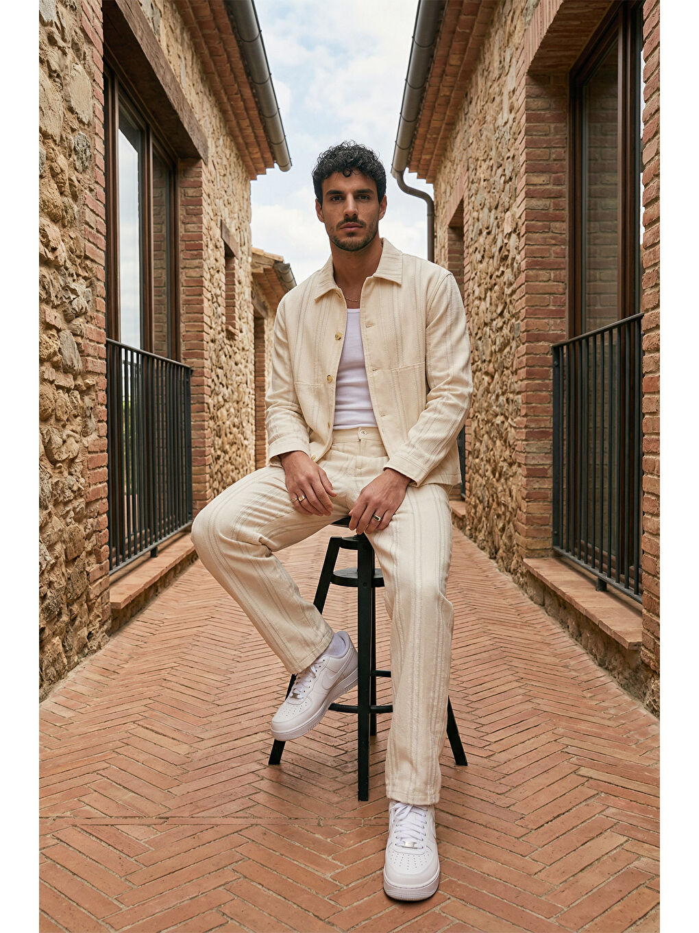 Bej Talbot Premium Keten Desenli Düğmeli Ceket Pantolon Erkek Takım Relax Kalıp-5