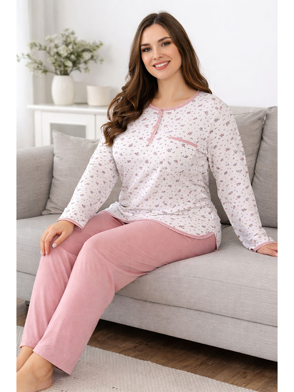 Büyük Beden Kadın Uzun Kol Kroşetalı Patlı Pamuklu Pijama Takımı 250661 Beyaz08