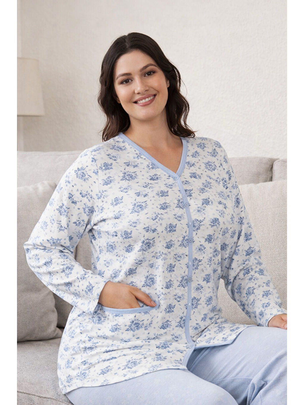 Büyük Beden Kadın Uzun Kol Kroşetalı Pamuklu Pijama Takımı 250687 Beyaz09-1