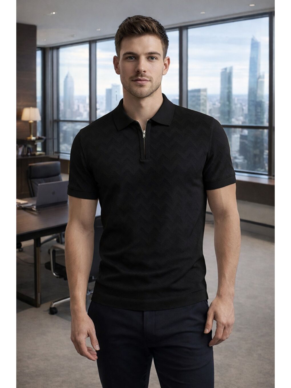 Siyah Erkek Slim Fit Fermuarlı Polo Yaka Triko Tişört