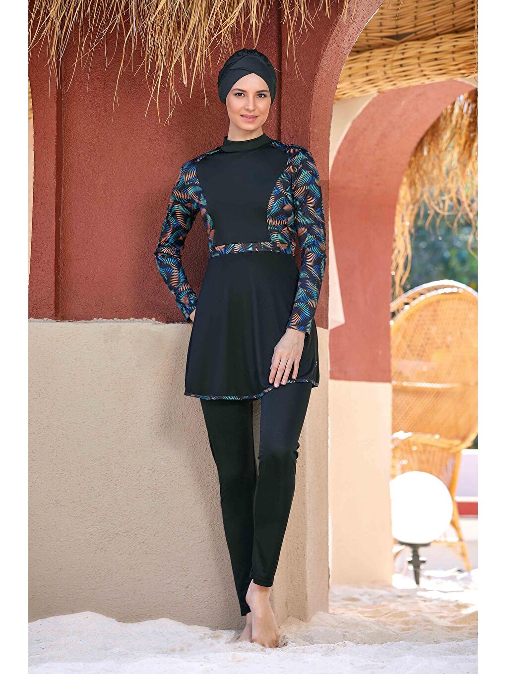 Lacivert Desenli 4 Lü Tesettür Mayo