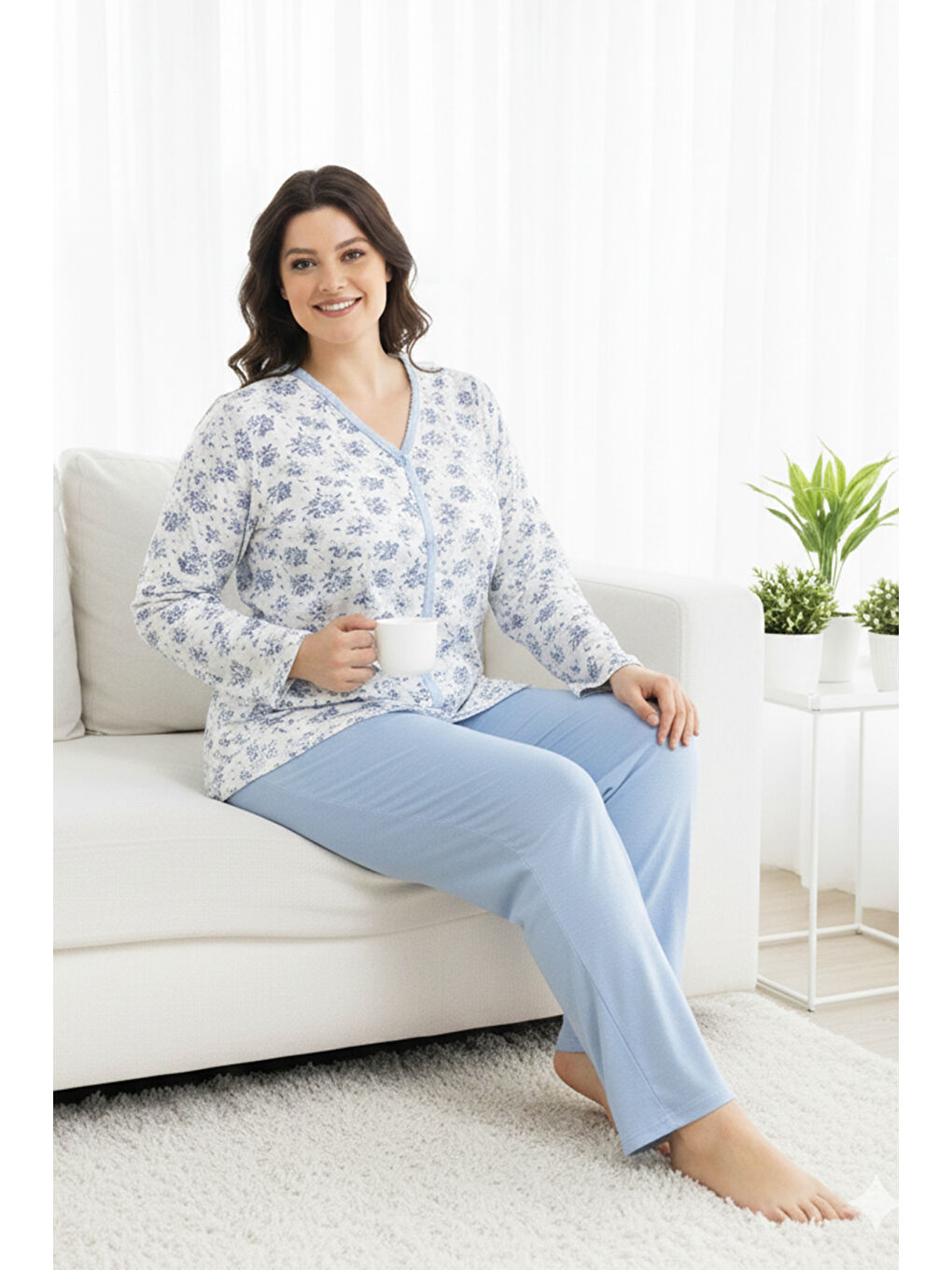 Büyük Beden Kadın Uzun Kol Kroşetalı Pamuklu Pijama Takımı 250687 Beyaz09-2