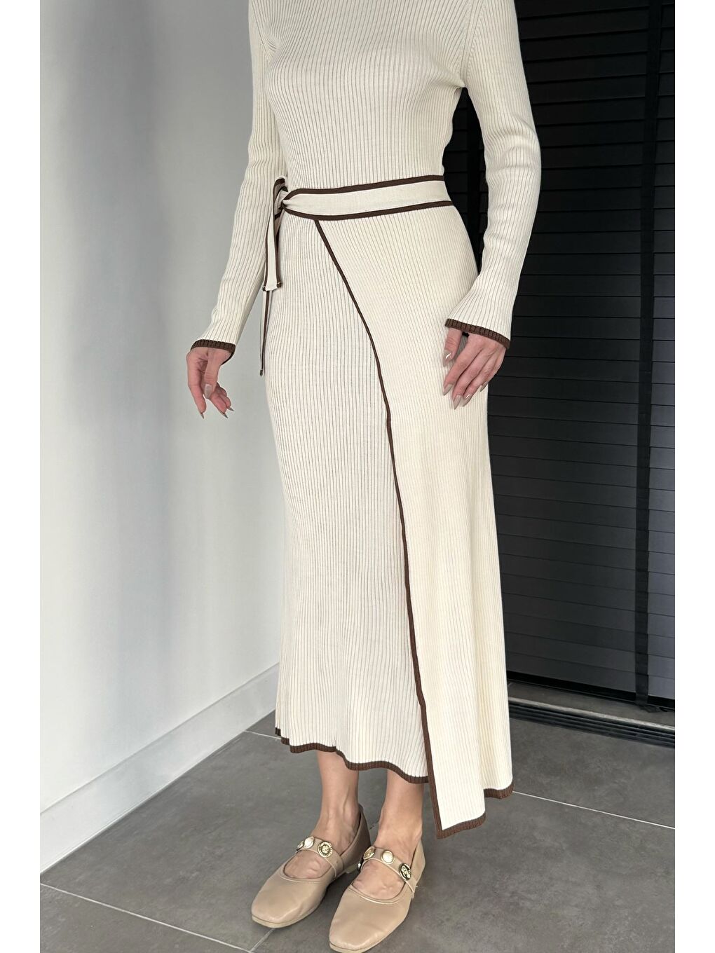 Bej Kadın Triko Elbise-1