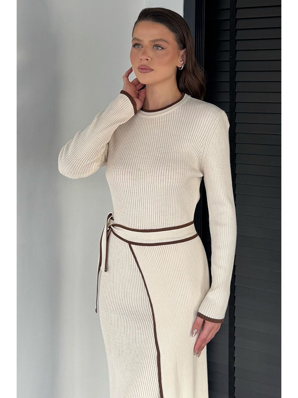 Bej Kadın Triko Elbise-2