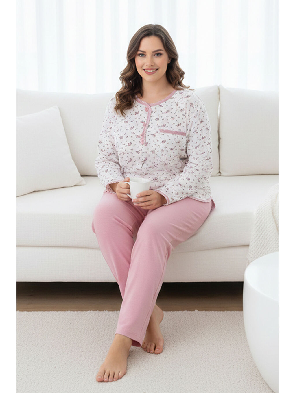 Büyük Beden Kadın Uzun Kol Kroşetalı Patlı Pamuklu Pijama Takımı 250661 Beyaz08-1