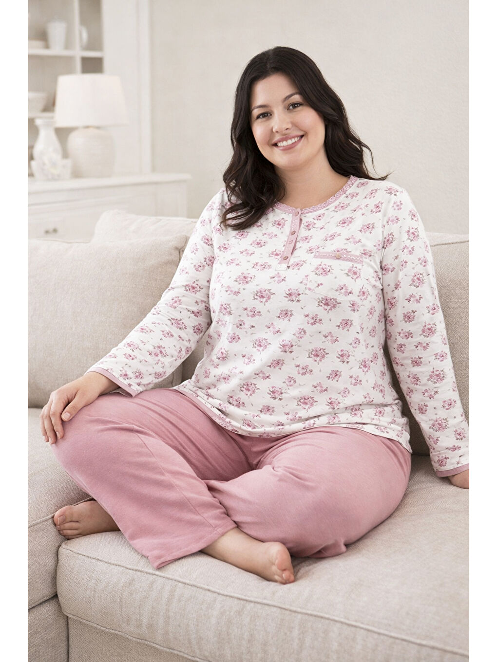 Büyük Beden Kadın Uzun Kol Kroşetalı Patlı Pamuklu Pijama Takımı 250692 Beyaz07-1