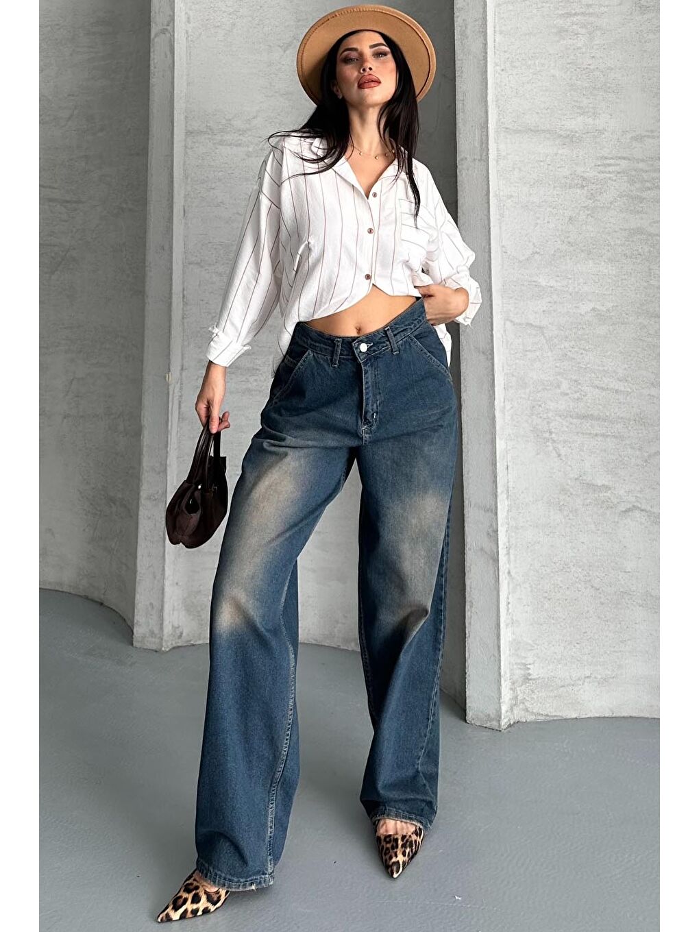 Kahverengi Yan Cepli Baggy Pantolon Kahve Tint Yikama - 27359-1