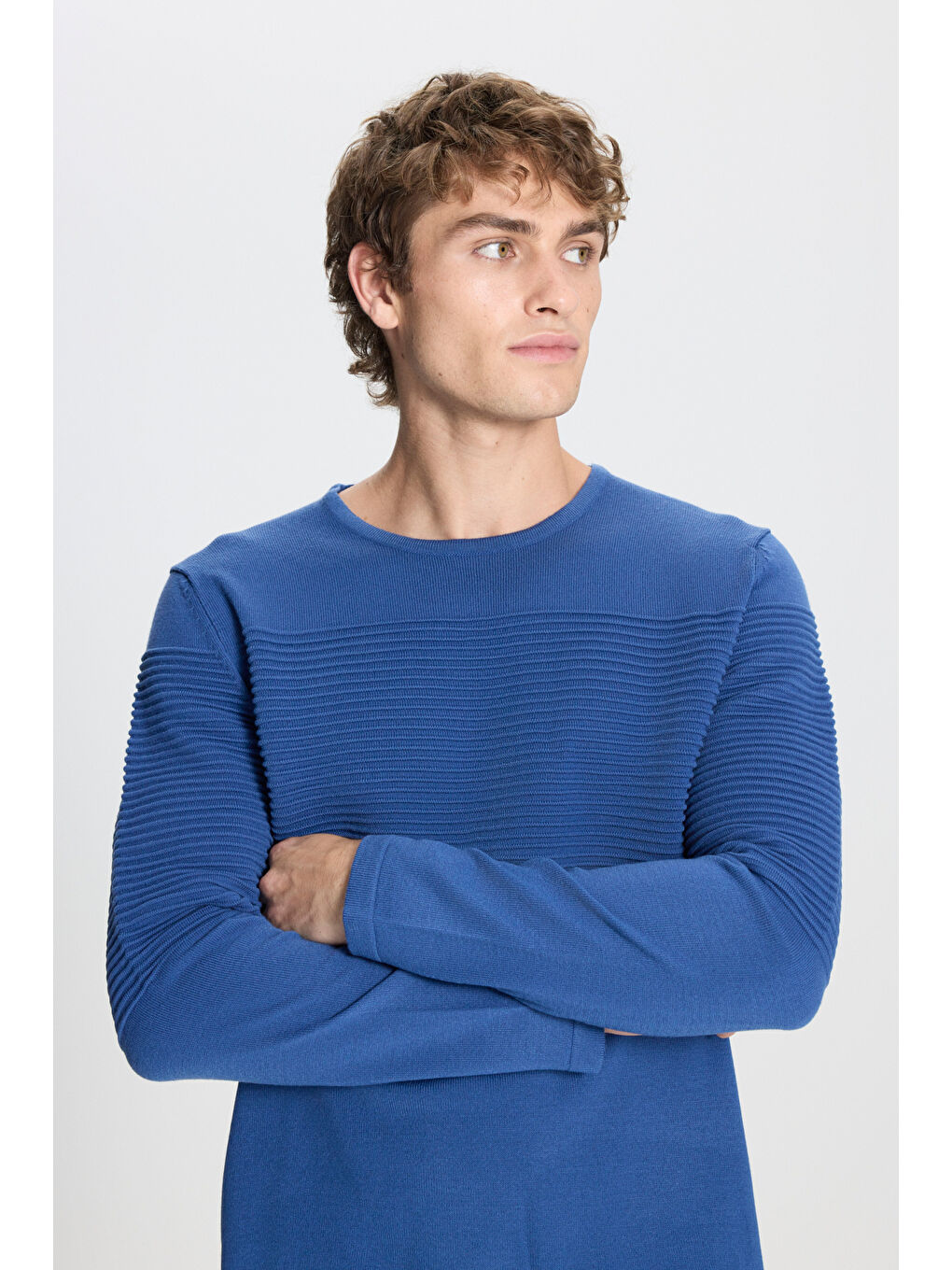 Erkek İndigo Standart Fit Bisiklet Yaka Triko Kazak-3