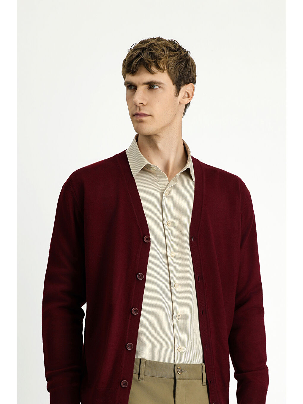 Bordo V Yaka Düğmeli Yünlü Örme Triko Hırka-2