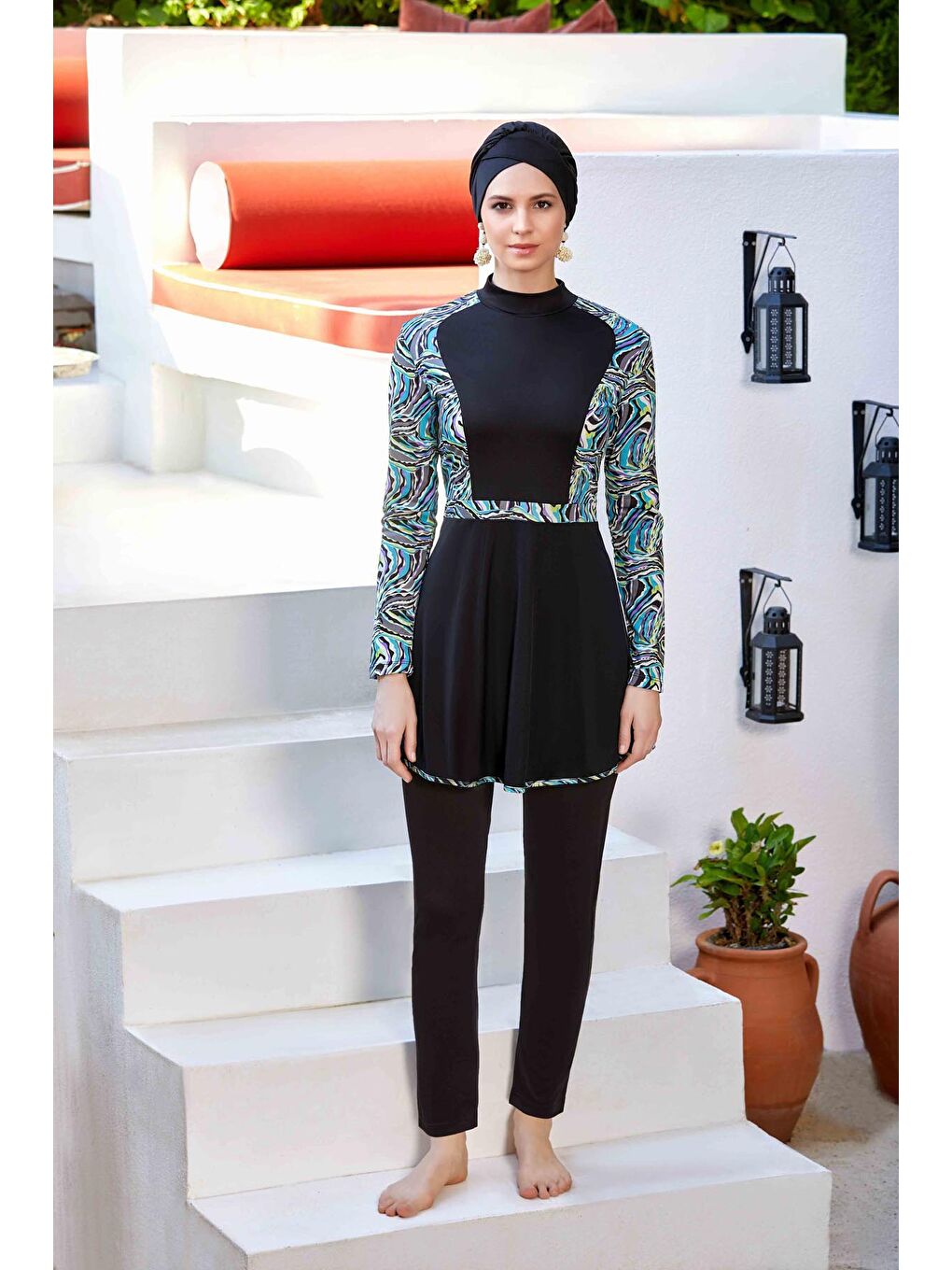 Mavi Desenli 4 Lü Tesettür Mayo