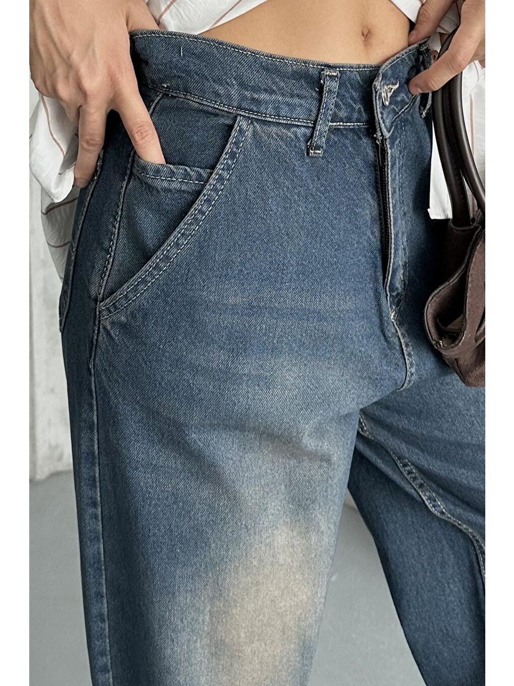 Kahverengi Yan Cepli Baggy Pantolon Kahve Tint Yikama - 27359-2