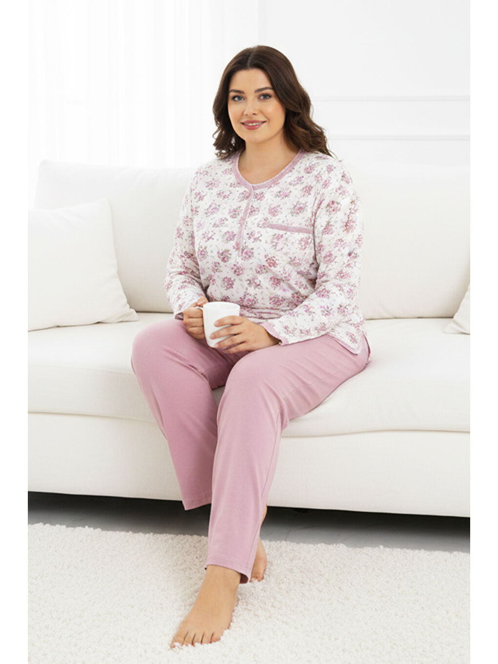 Büyük Beden Kadın Uzun Kol Kroşetalı Patlı Pamuklu Pijama Takımı 250692 Beyaz07-2