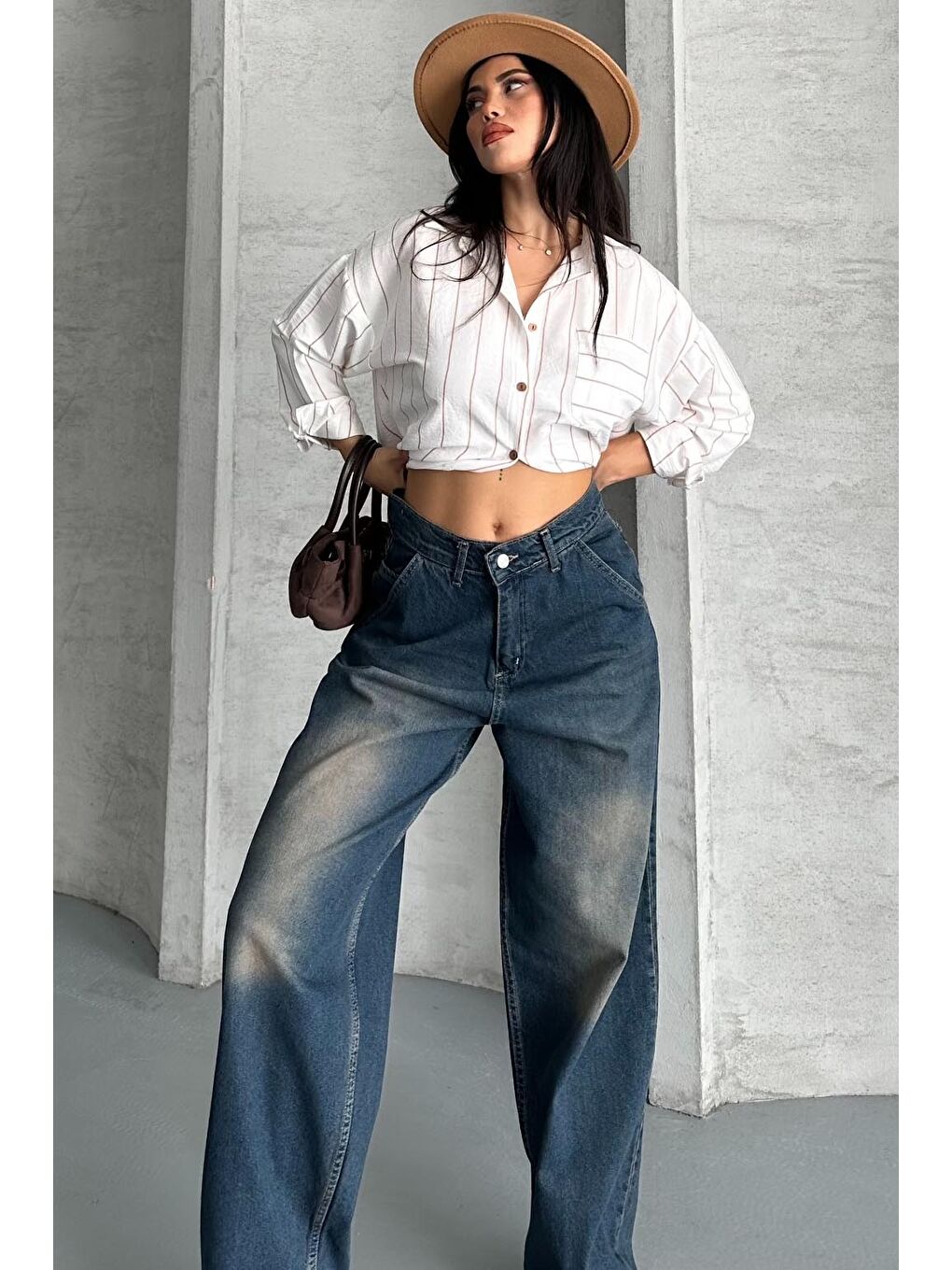 Kahverengi Yan Cepli Baggy Pantolon Kahve Tint Yikama - 27359-3