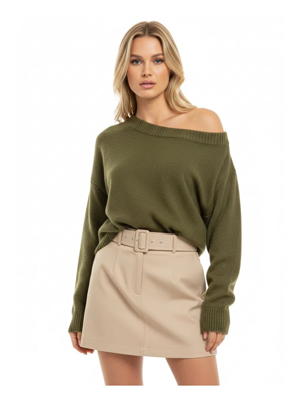 Haki Asimetrik Yaka Oversize Triko Kazak