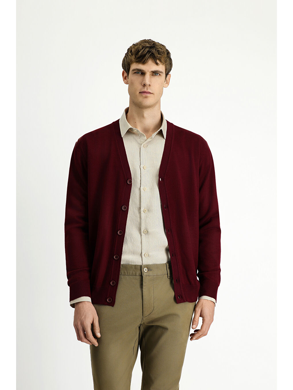 Bordo V Yaka Düğmeli Yünlü Örme Triko Hırka-3