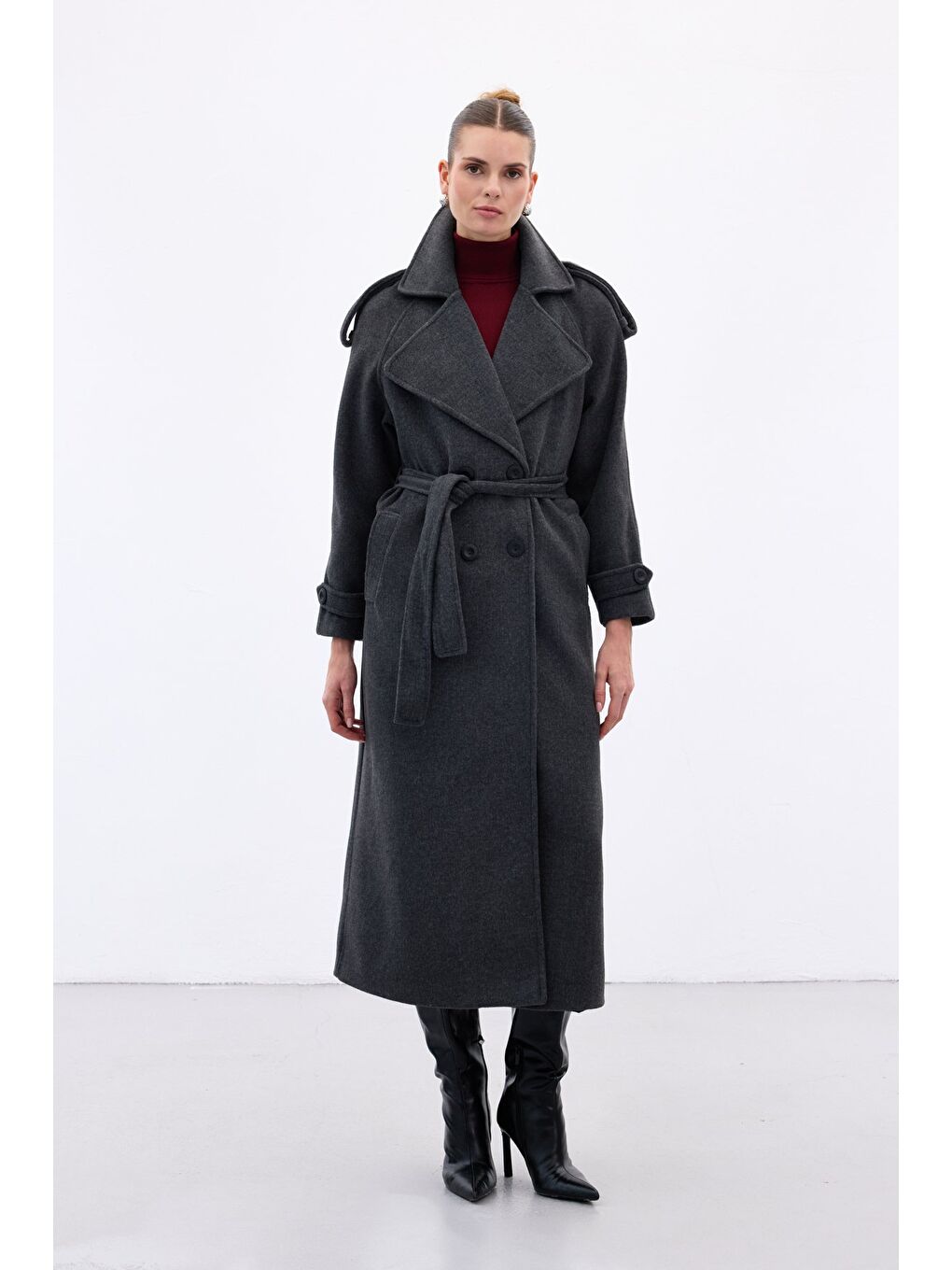 Geniş Yaka Uzun Kaban - Antrasit