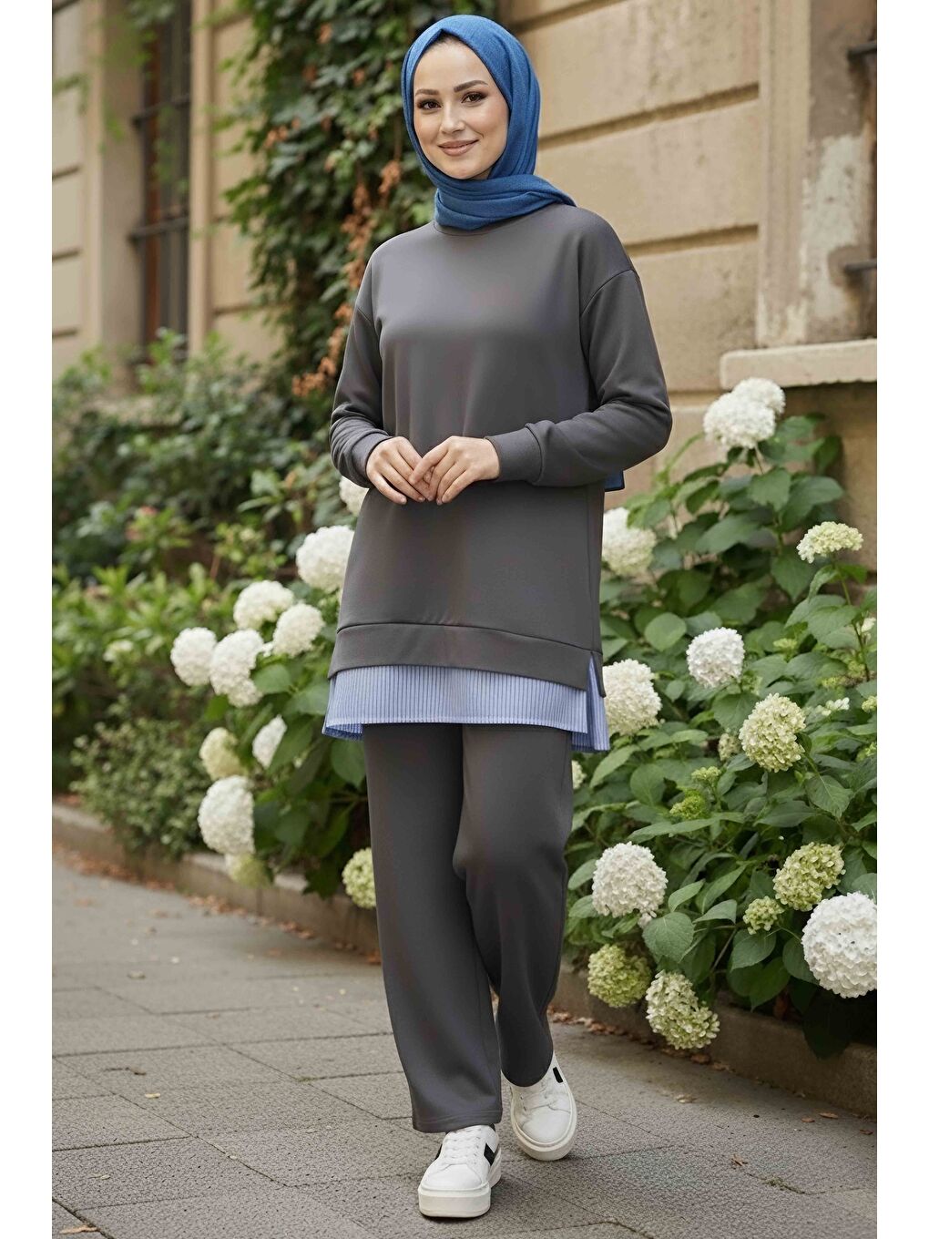 Eteği Çizgili Modal İkili Takım Gri - 28028-GRI-1