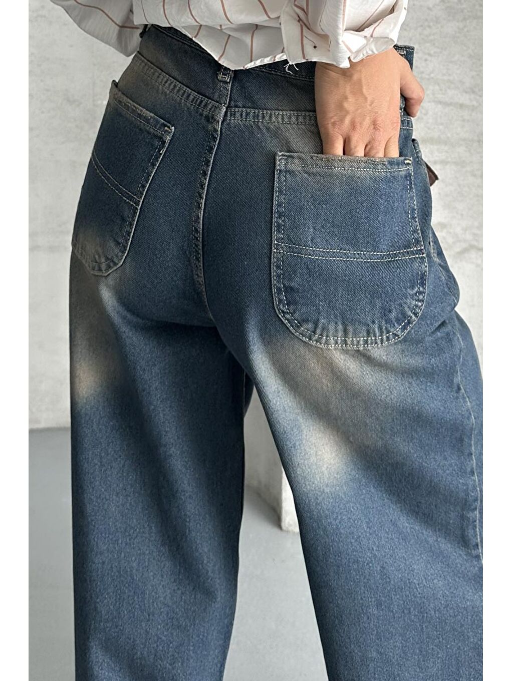 Kahverengi Yan Cepli Baggy Pantolon Kahve Tint Yikama - 27359-4