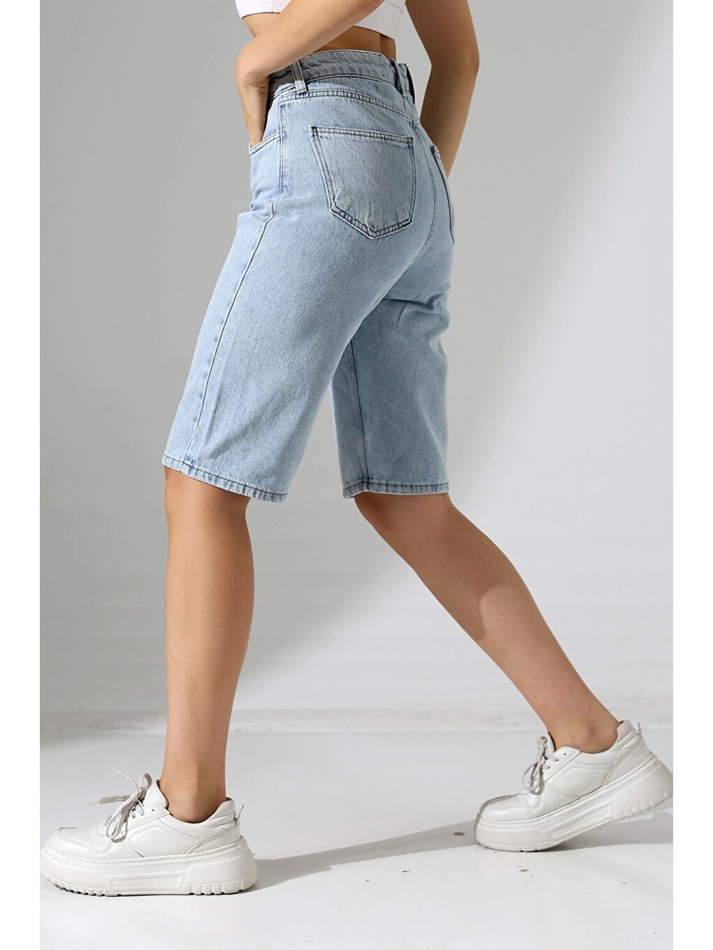 Kadın Yüksek Bel Salaş Jean Bermuda Mavi-1