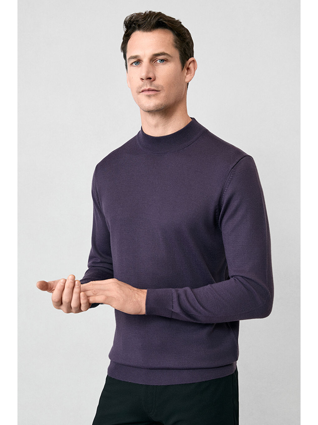 Mor Yarım Balıkçı Yaka Regular Fit Yünlü Basic Örme Triko Kazak