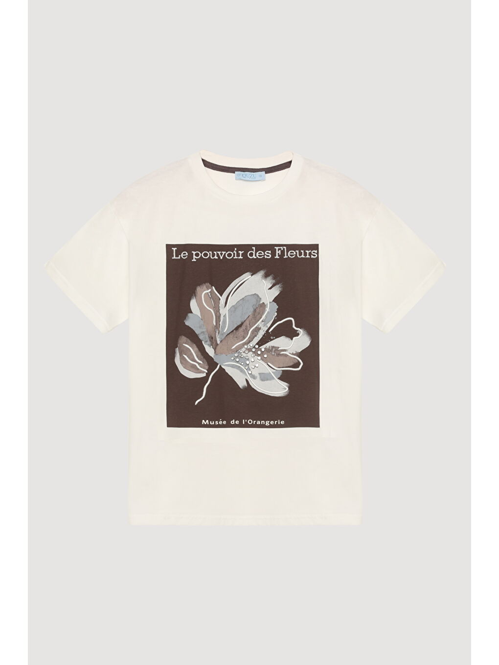 Lila Taş Aksesuarlı Nakışlı Tişört Ekru-Kahverengi