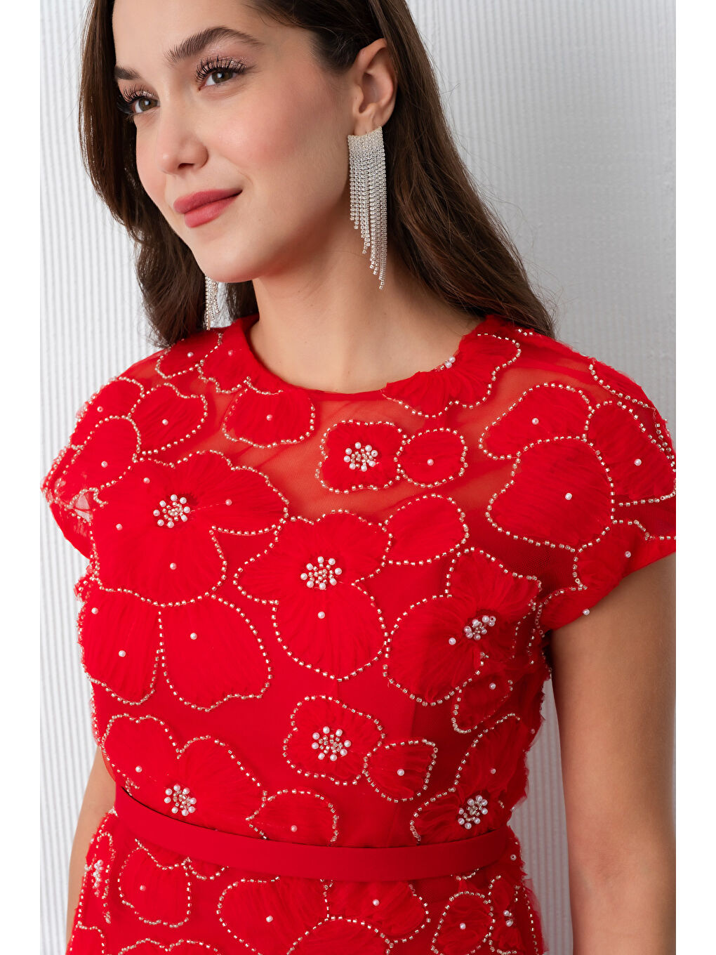 Kadın Kırmızı Dantelli Midi Abiye Elbise-3