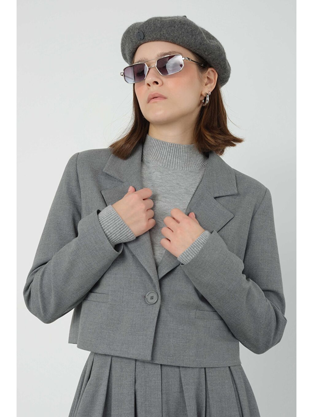 Gri Crop Blazer Ceket Duman