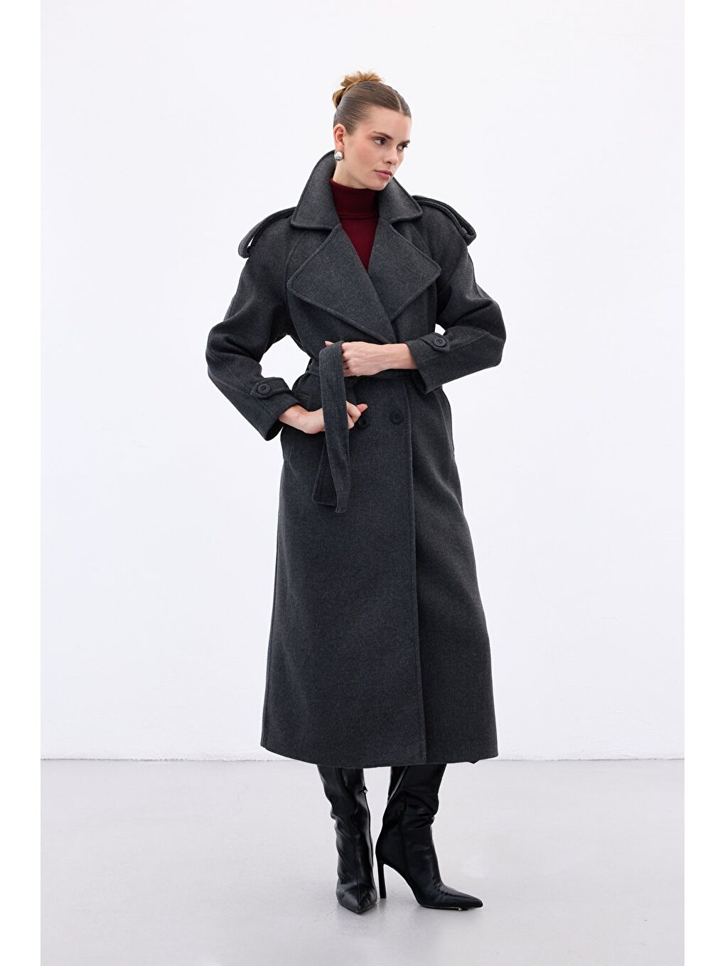 Geniş Yaka Uzun Kaban - Antrasit-1