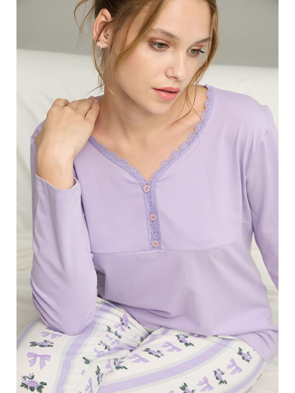Lila Desenli Örme Pamuklu Pijama Takım25240234