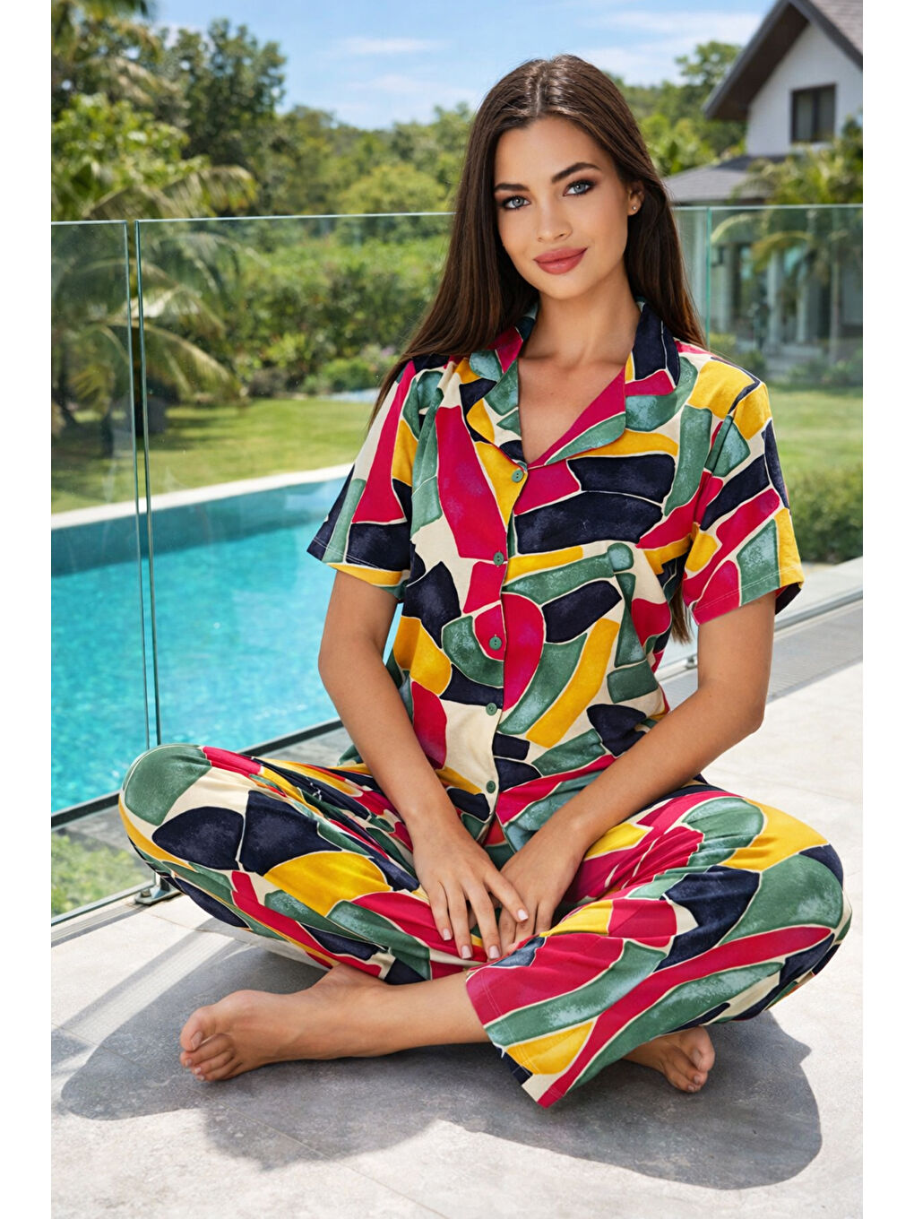 Ekru Kadın Desenli Kısa Kol Elastanlı Viskon Pijama Takımı 0283 Krem-1