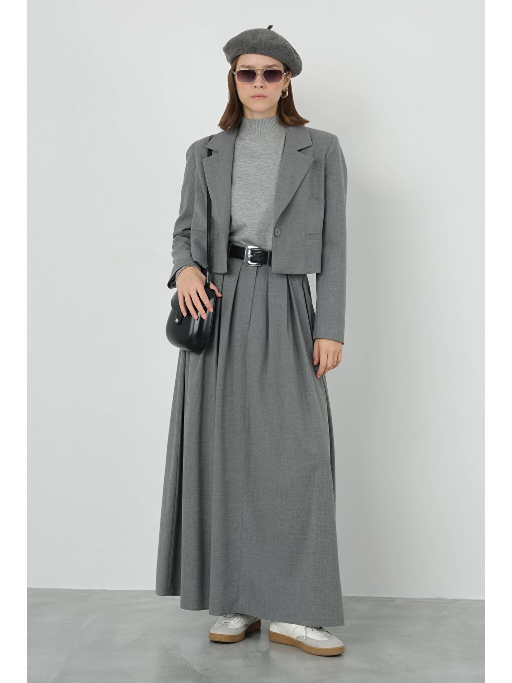 Gri Crop Blazer Ceket Duman-4