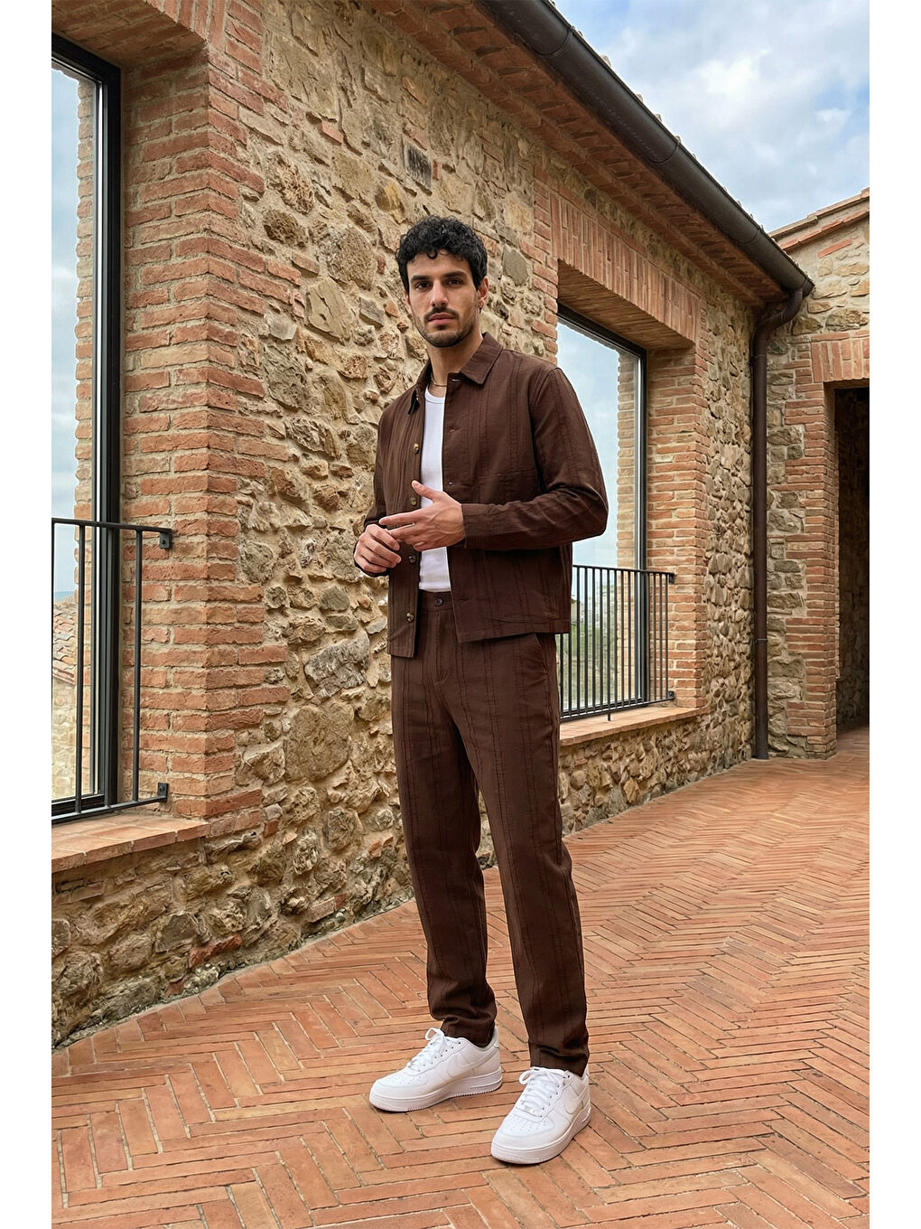 Kahverengi Talbot Premium Keten Desenli Düğmeli Ceket Pantolon Erkek Takım Relax Kalıp