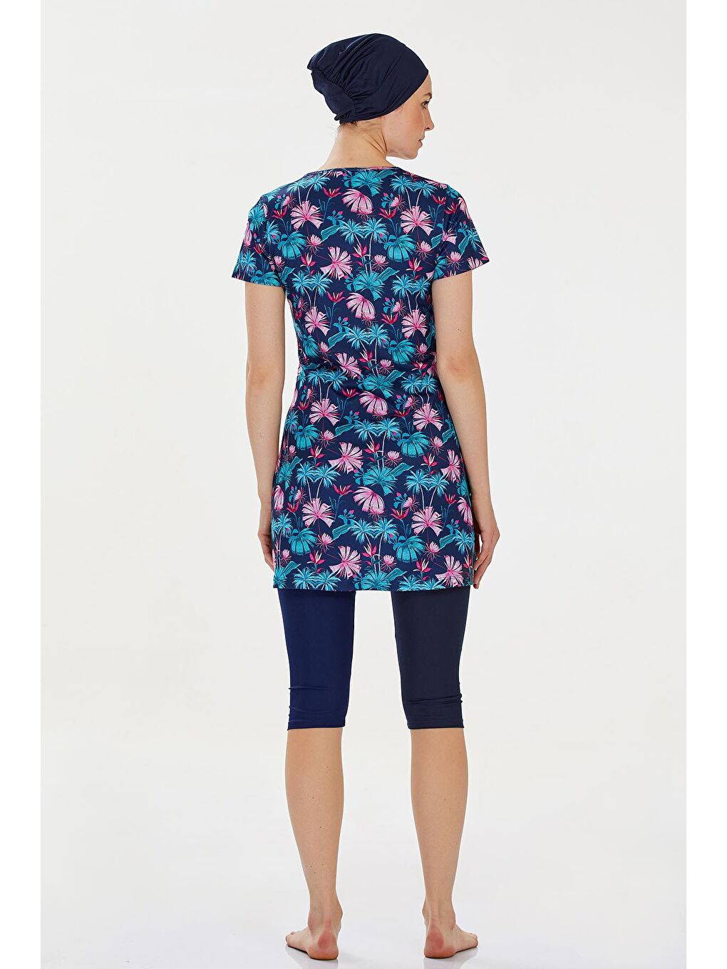 Pembe Desenli Kısa Kol 4 Lü Tesettür Mayo-1