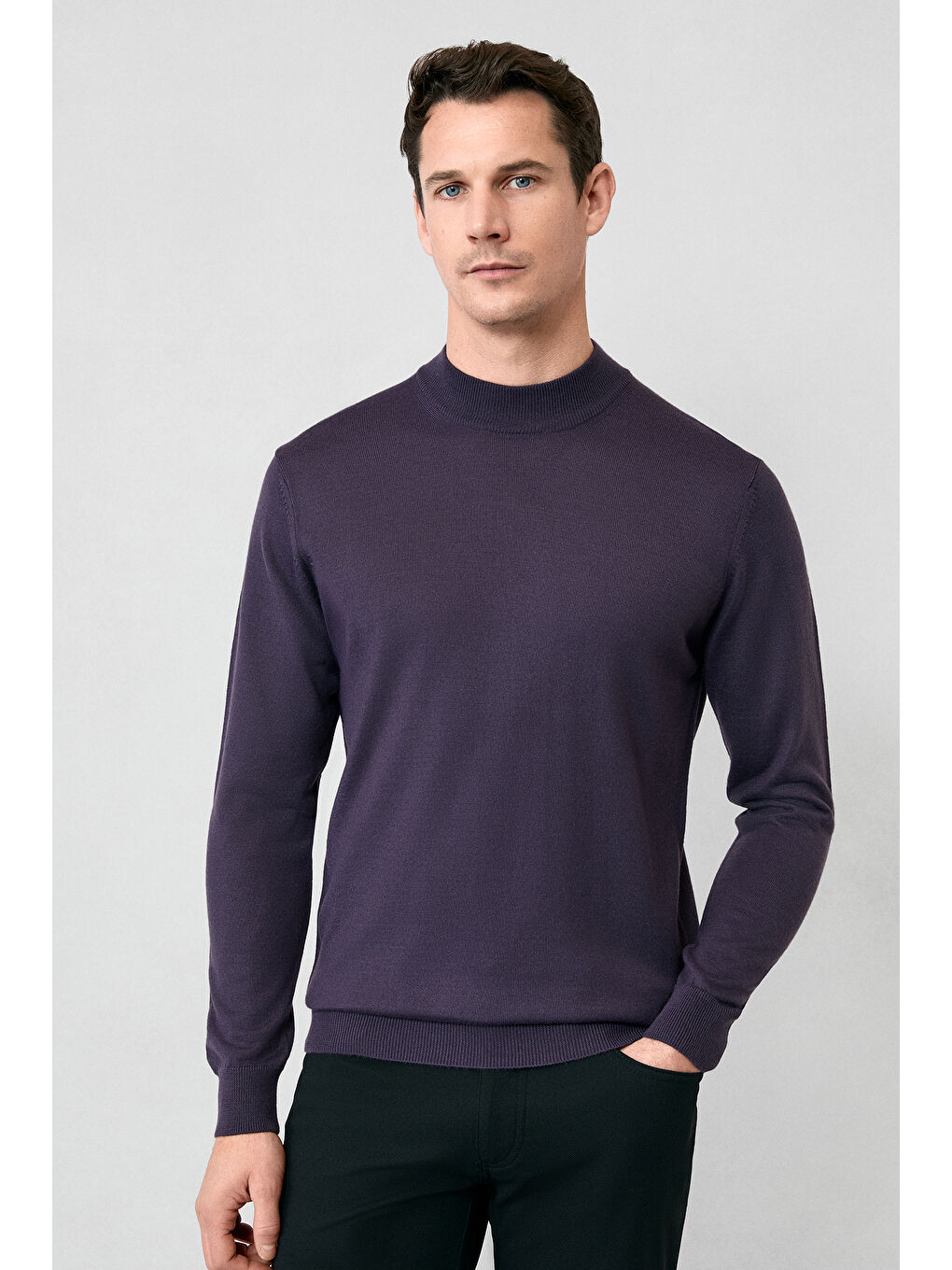 Mor Yarım Balıkçı Yaka Regular Fit Yünlü Basic Örme Triko Kazak-1