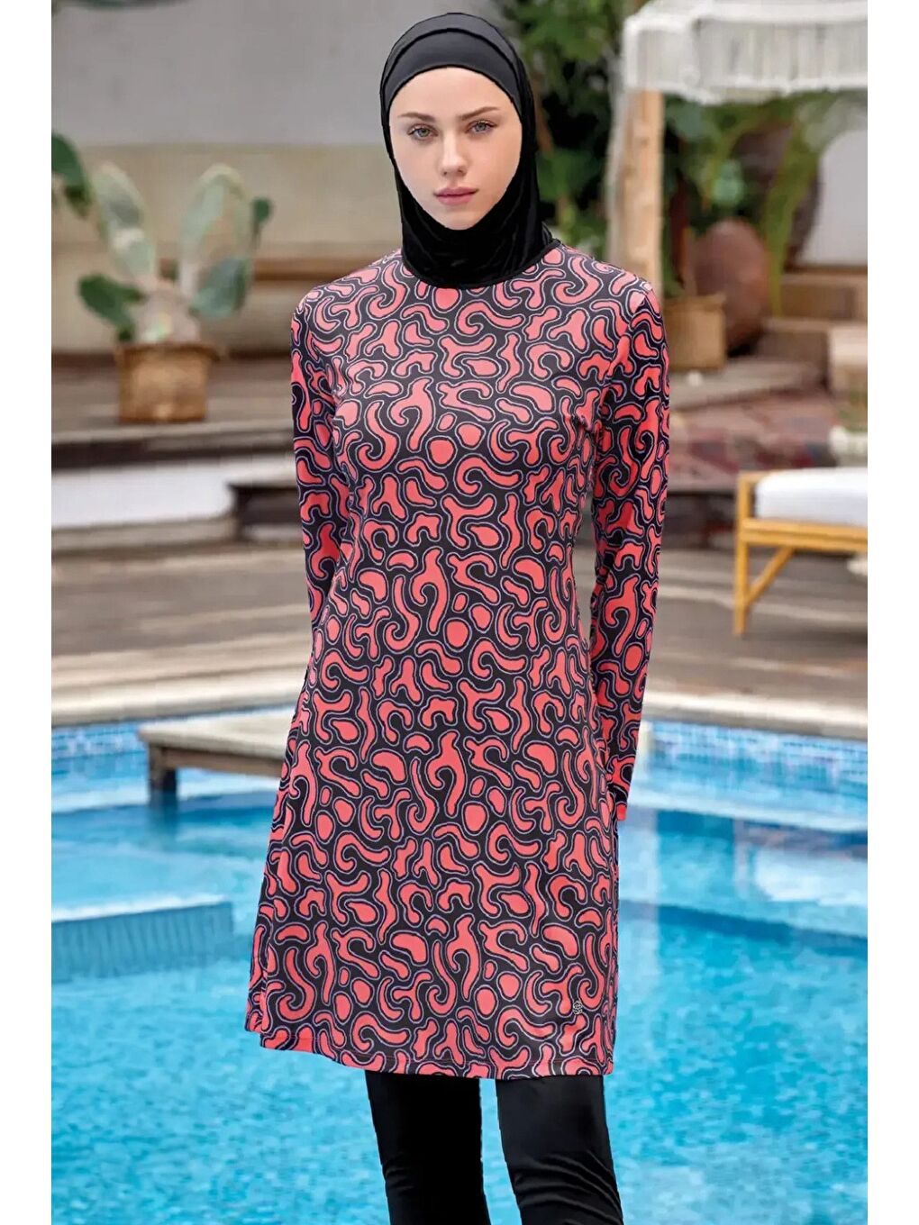 Turuncu Desenli 5 Li Tesettür Mayo-1