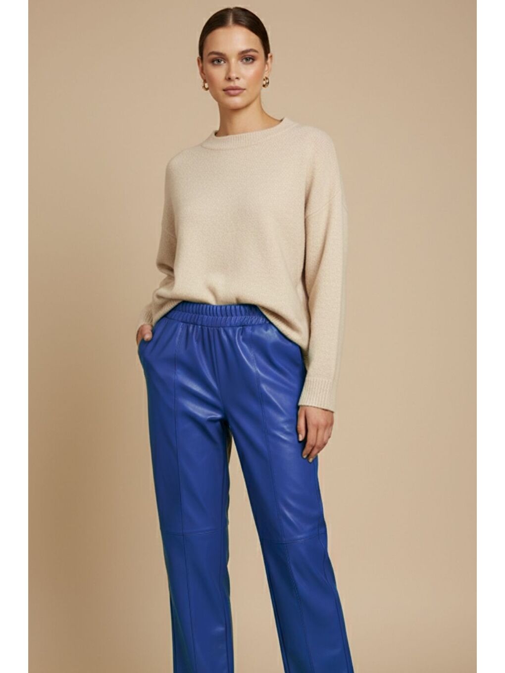 Saks Deri Görünümlü Mavi Jogger Pantolon-1