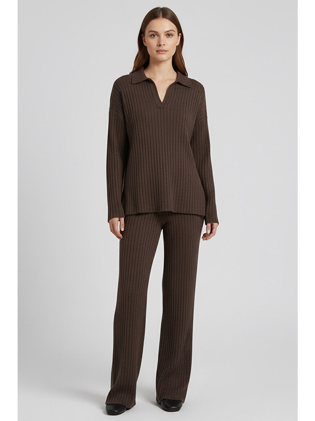 Kahverengi Polo Yaka Fitilli Kaşkorse İkili Takım Kahve - 27993-KAHVE