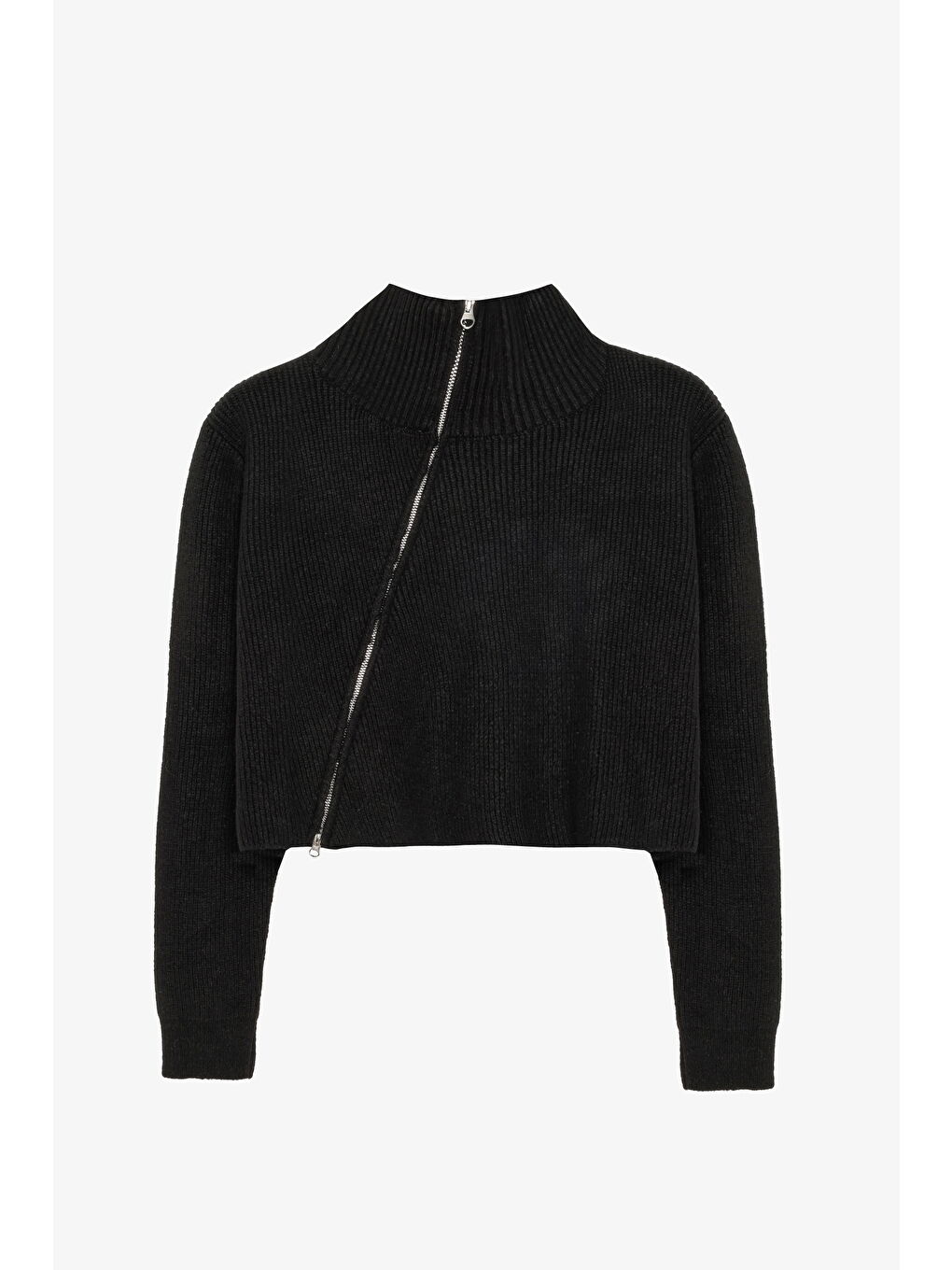 Asimetrik Fermuarlı Triko Kazak Siyah