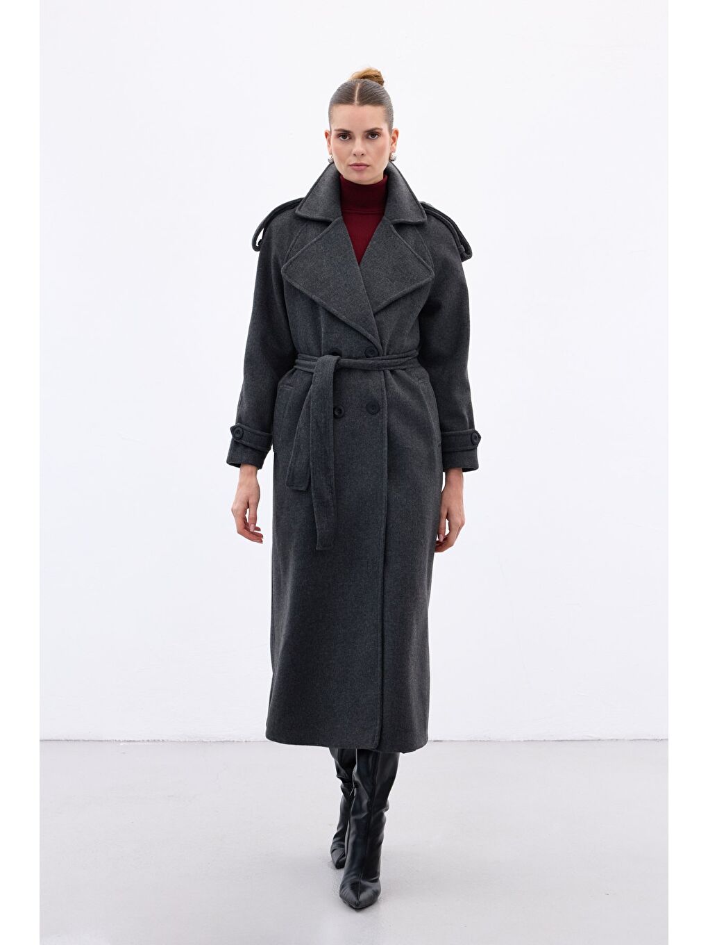 Geniş Yaka Uzun Kaban - Antrasit-2