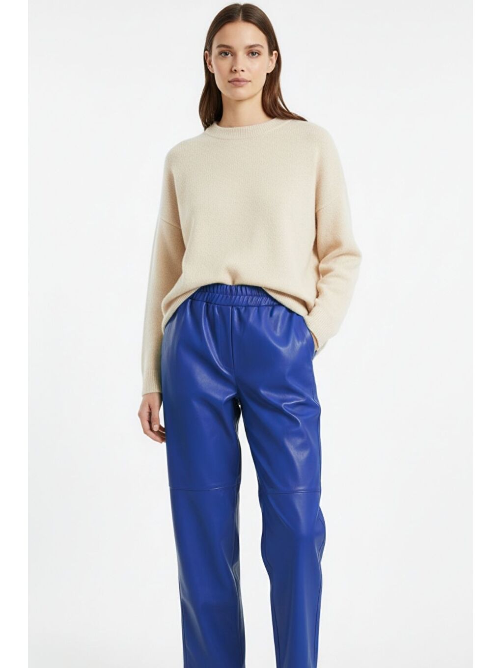 Saks Deri Görünümlü Mavi Jogger Pantolon-2