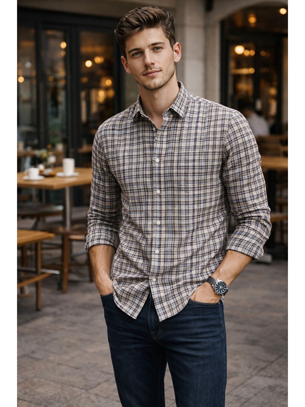 Bej Erkek Ekose Slim Fit Gömlek Uzun Kollu Pamuklu Günlük & Casual Gömlek