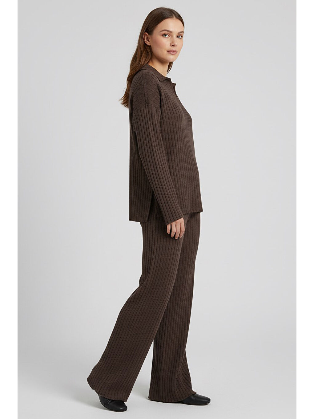 Kahverengi Polo Yaka Fitilli Kaşkorse İkili Takım Kahve - 27993-KAHVE-1