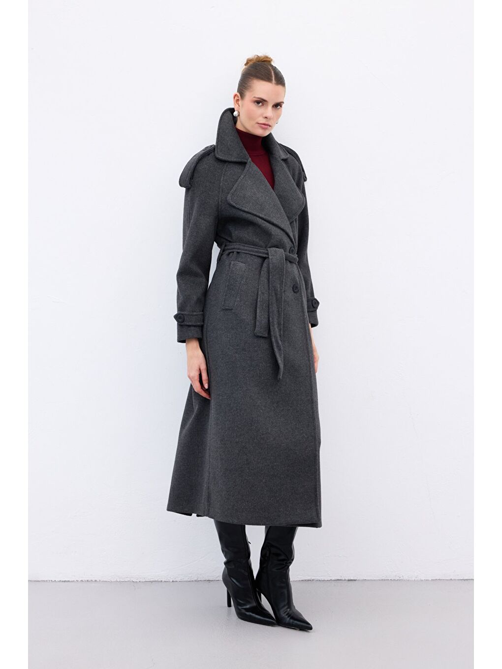 Geniş Yaka Uzun Kaban - Antrasit-3
