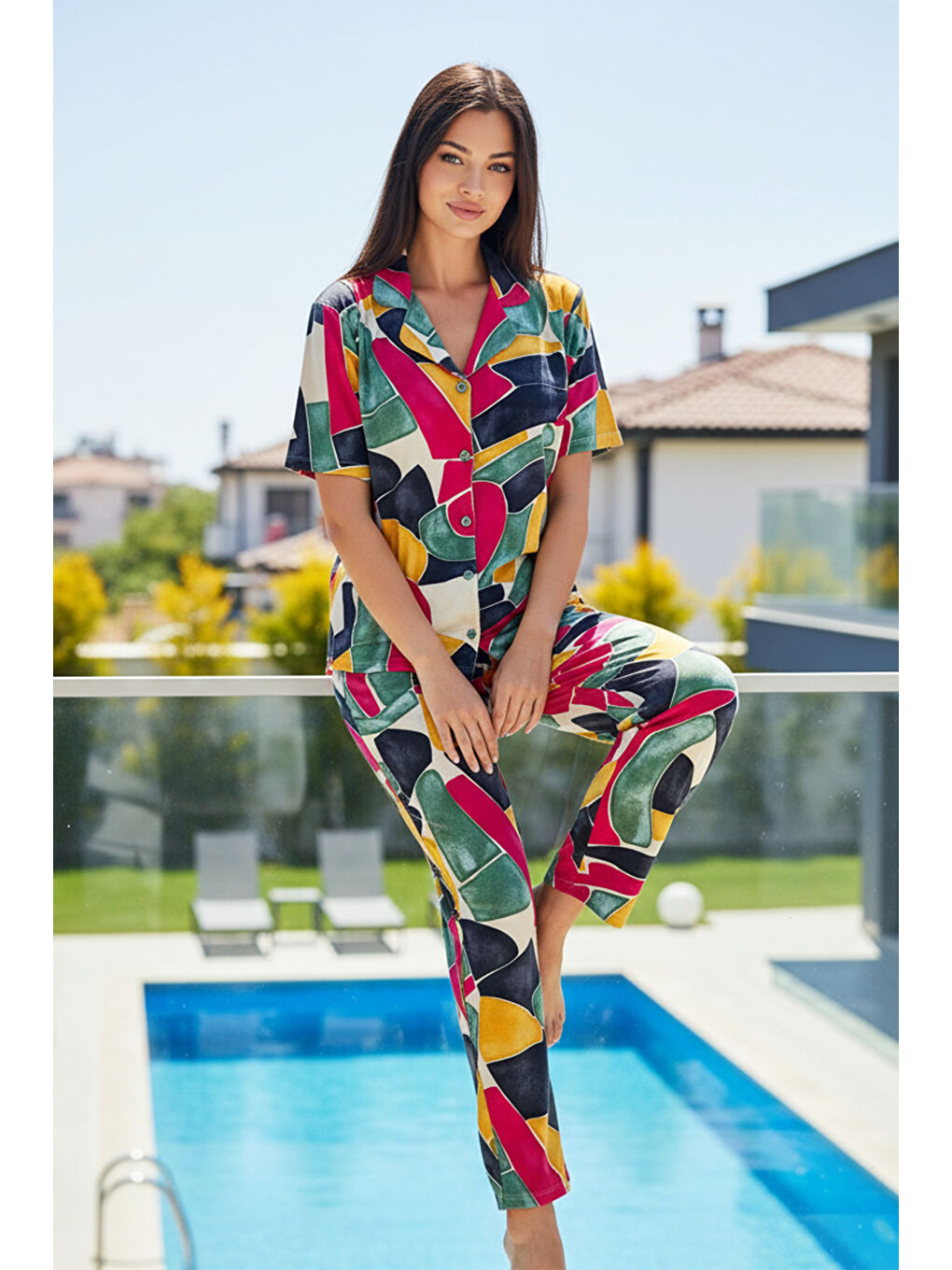 Ekru Kadın Desenli Kısa Kol Elastanlı Viskon Pijama Takımı 0283 Krem-2