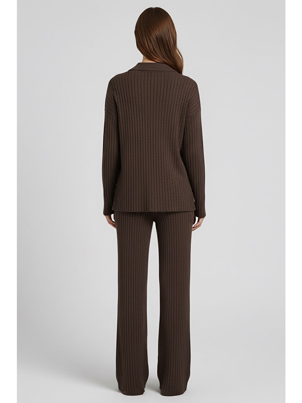 Kahverengi Polo Yaka Fitilli Kaşkorse İkili Takım Kahve - 27993-KAHVE-2